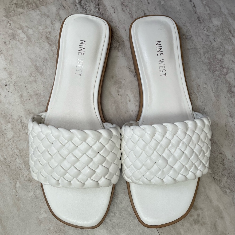 White Nine West braided slides